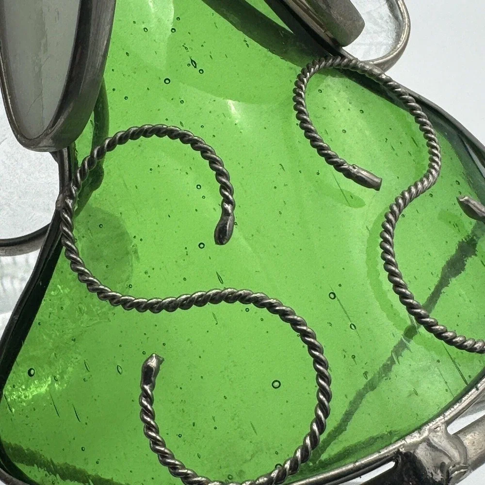 Vintage Green Glass Angel Tea Light Holder Frosted‎ Wings Stained Glass Style 6